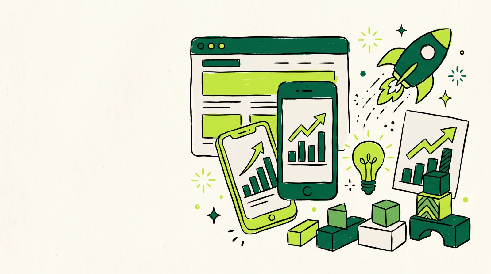 Hand-drawn illustration of the NativeMinds multi-product studio