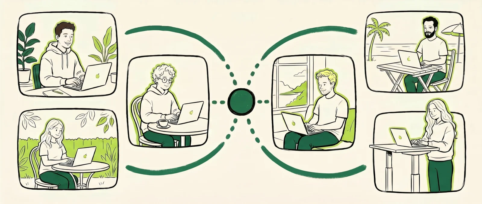 Hand-drawn illustration of the NativeMinds team working remotely from different places