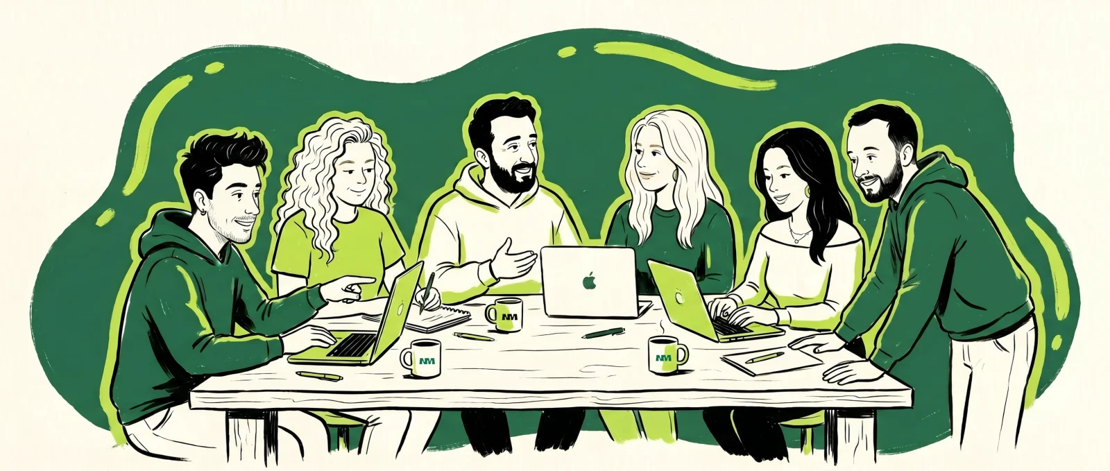 Hand-drawn illustration of the NativeMinds team working together at a table